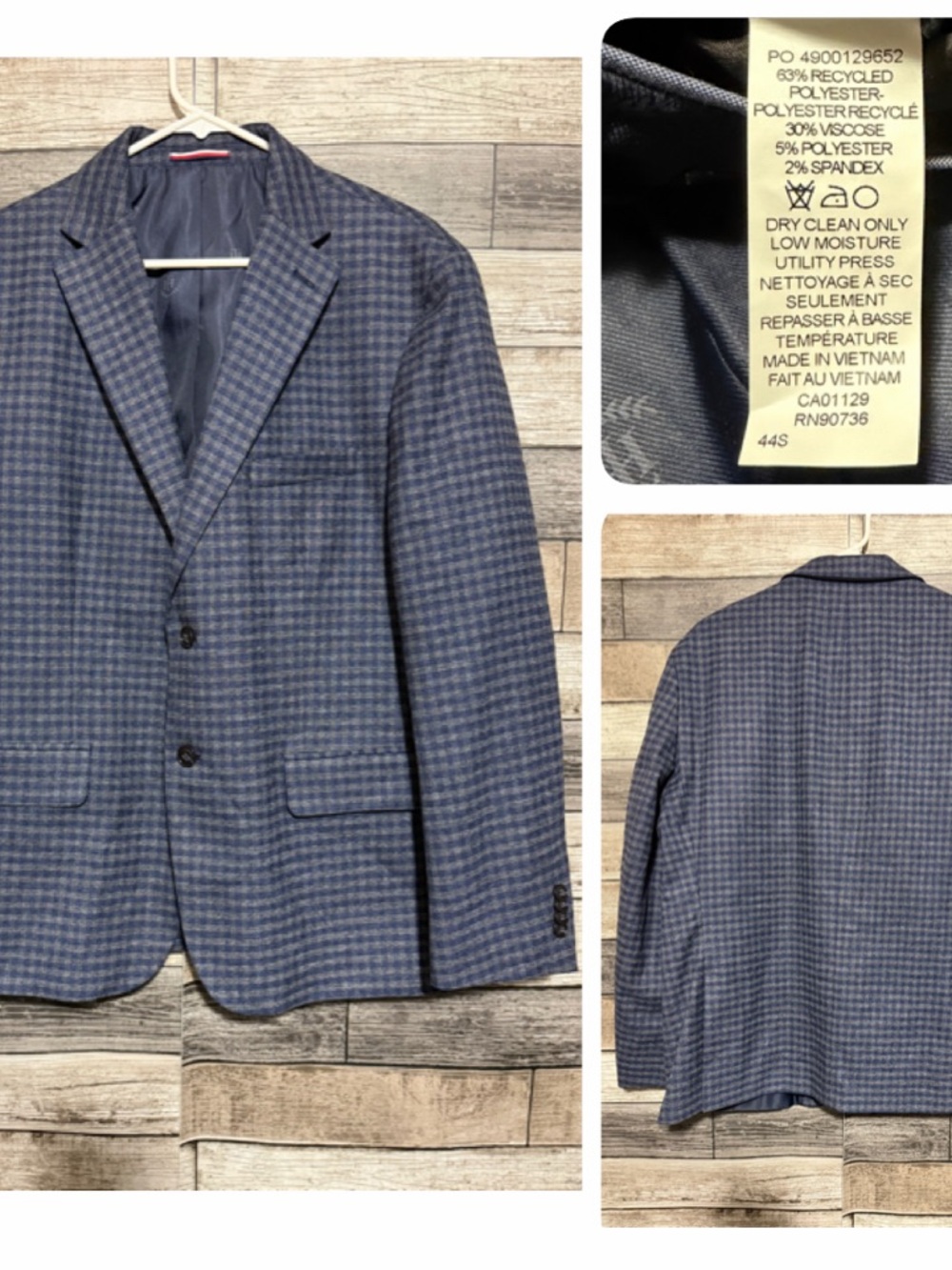Tommy Hilfiger Plaid Blazer Suit Jacket Men’s 44S Blue Gray 2 Button Polyester